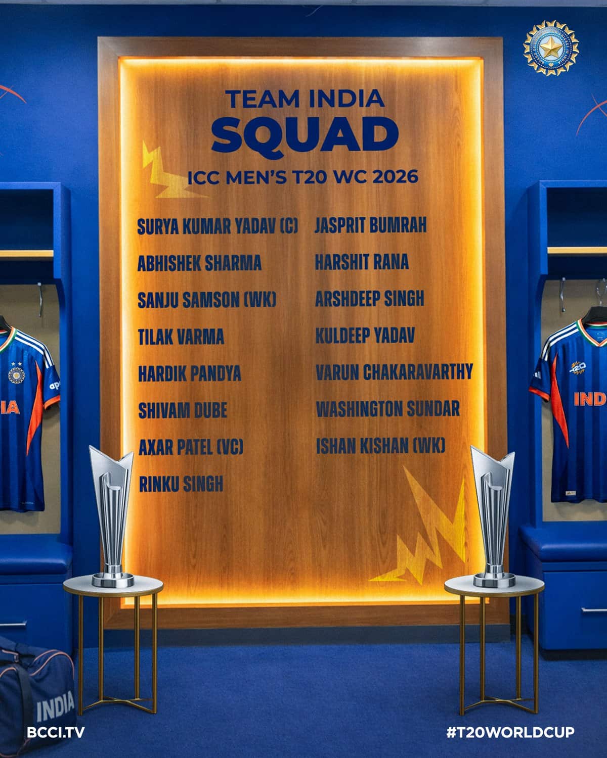 India’s squad for ICC Men’s T20 World Cup 2026 Announced